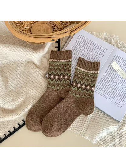 Brown geometric crew socks with green and ivory accents