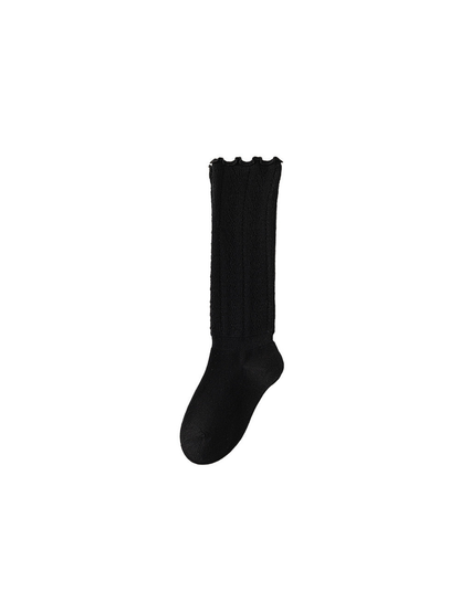 Black knee-high pointelle sock with ruffled cuff