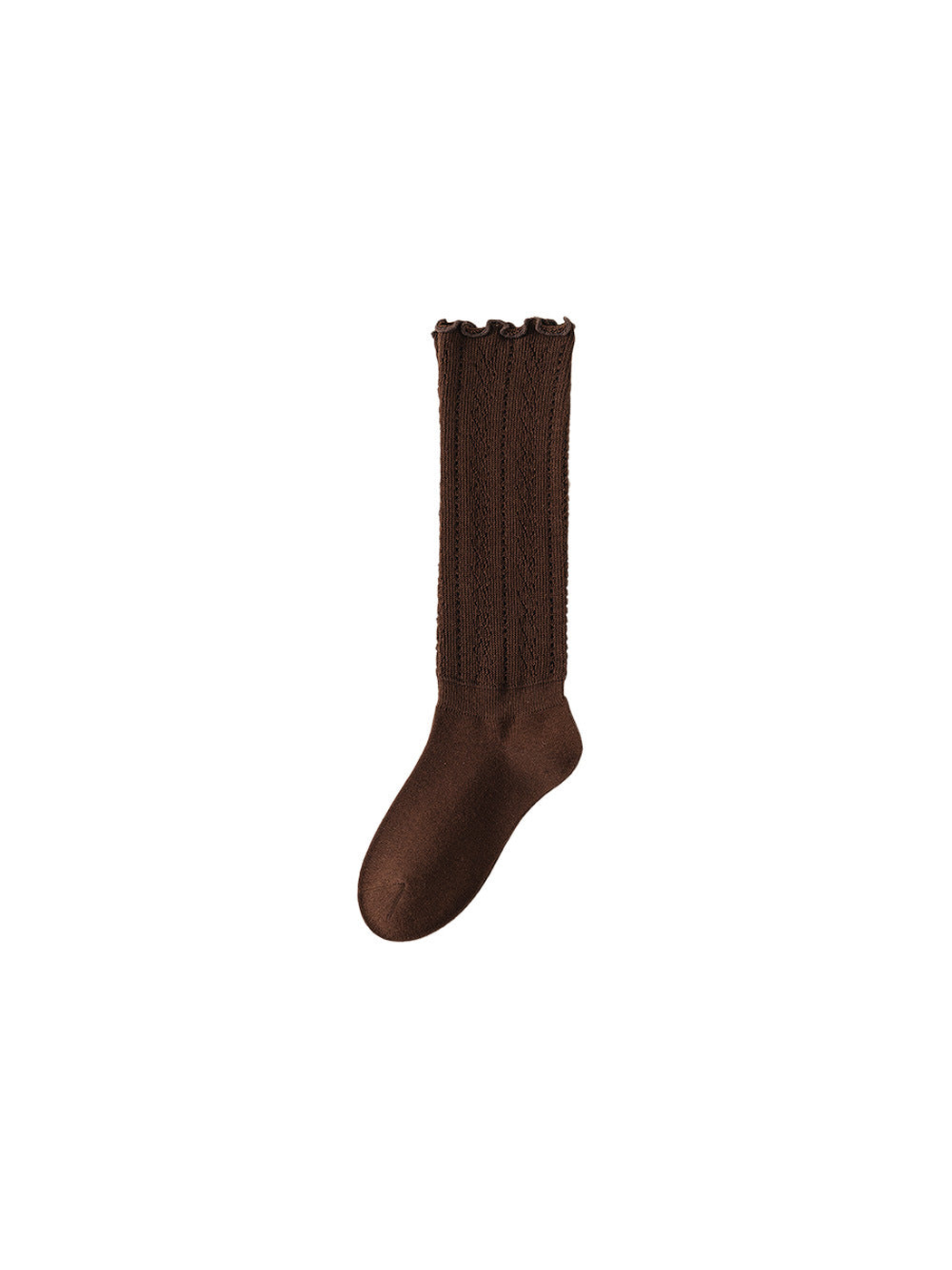 Dark brown knee-high pointelle sock with ruffled cuff