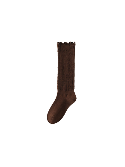 Dark brown knee-high pointelle sock with ruffled cuff