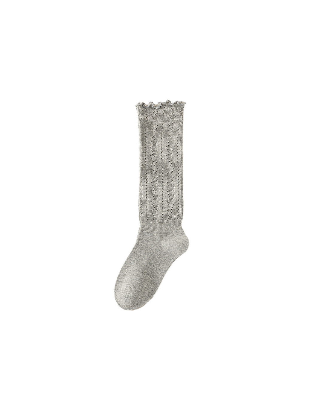 Light gray knee-high pointelle sock with ruffled cuff