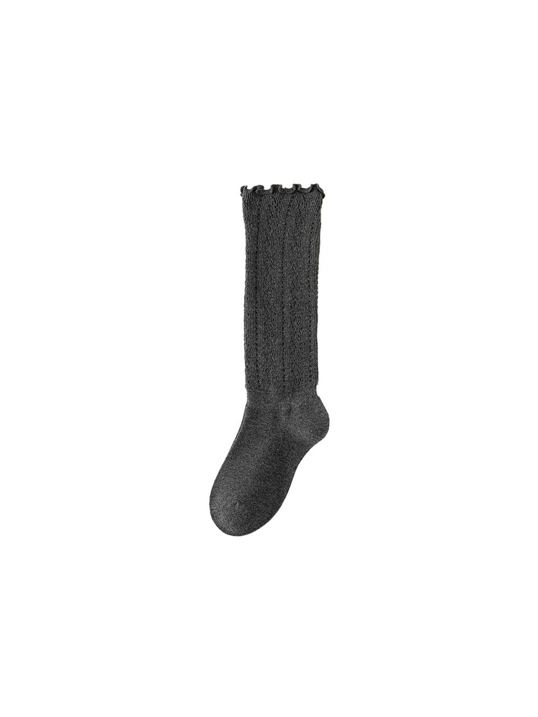 Dark gray knee-high pointelle sock with ruffled cuff