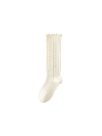 Ivory knee-high pointelle sock with ruffled cuff