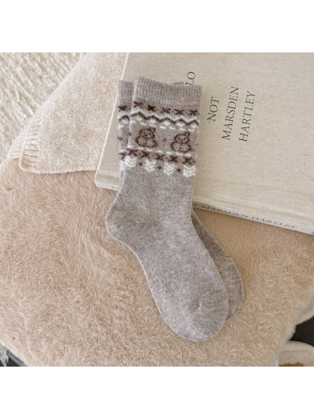 Beige crew socks with fuzzy brown bear and geometric motifs