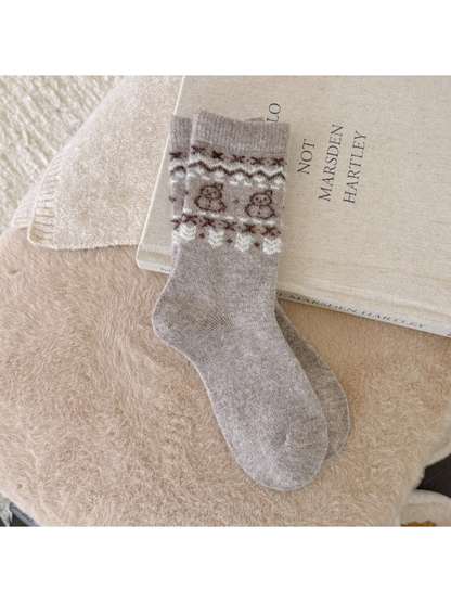 Beige crew socks with fuzzy brown bear and geometric motifs