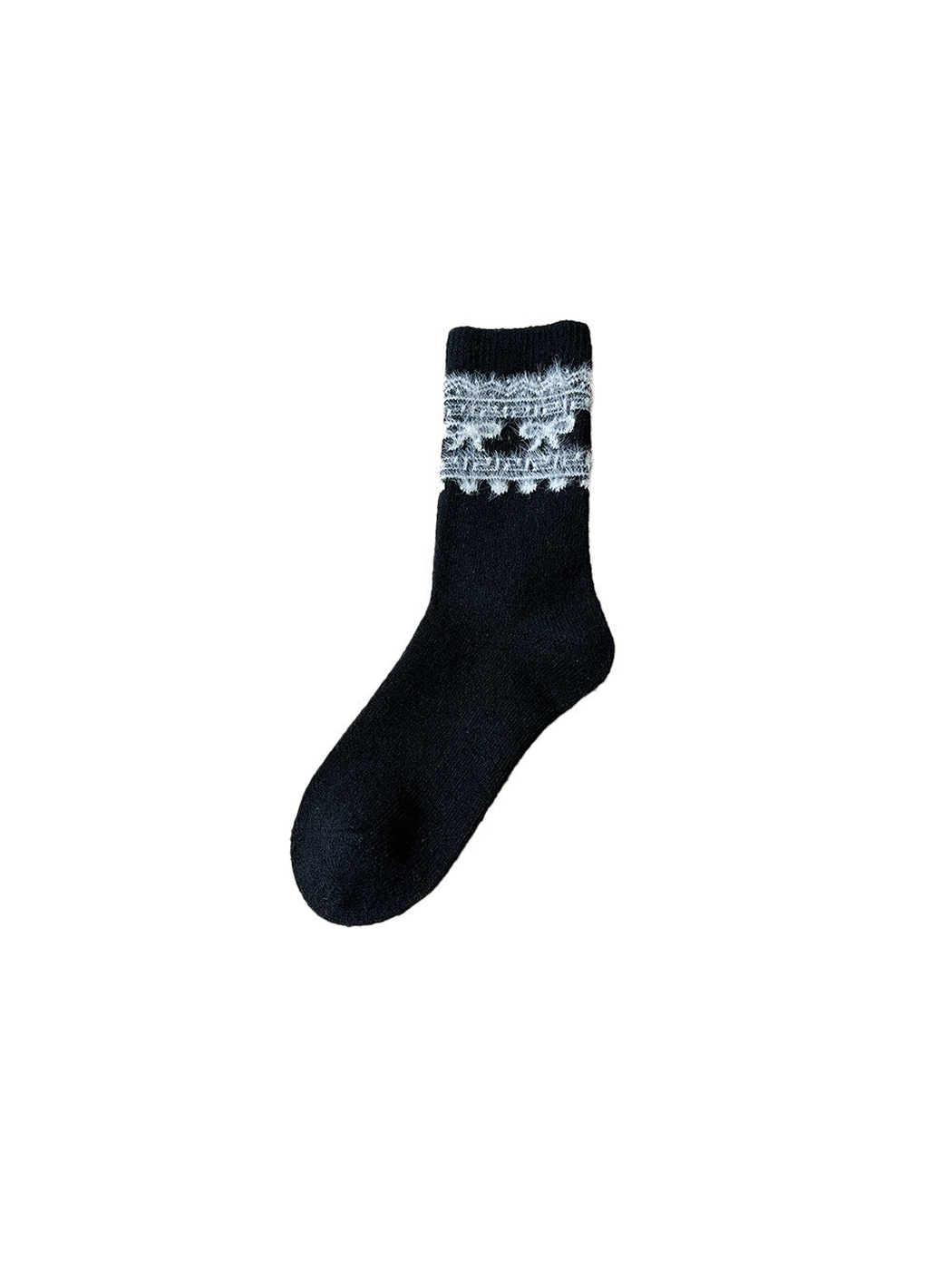 Black crew sock with a contrasting fuzzy bow and geometric cuff motif
