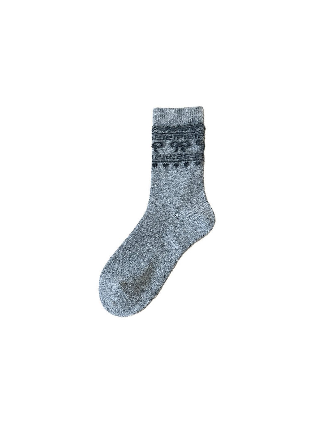 Light gray crew sock with a dark bow and geometric cuff motif