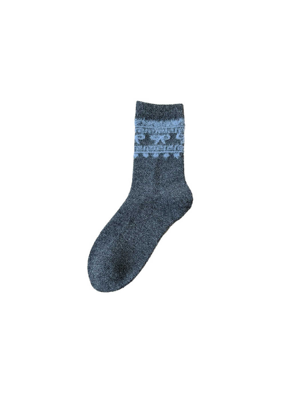 Dark gray crew sock with a contrasting fuzzy bow and geometric cuff motif