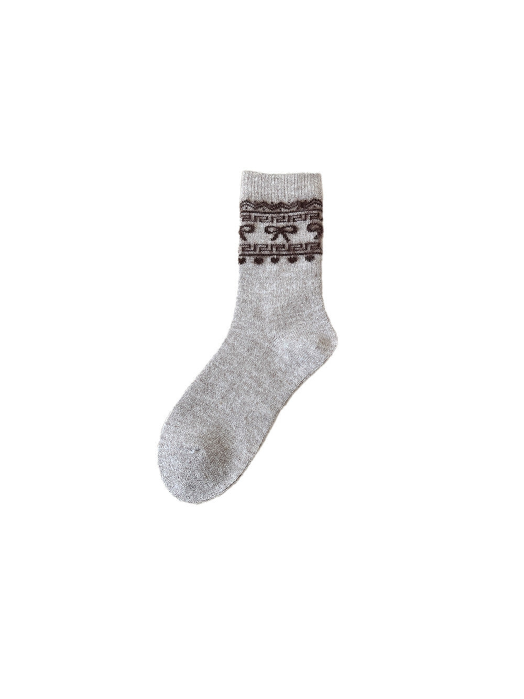 Light taupe crew sock with a brown bow and geometric cuff motif
