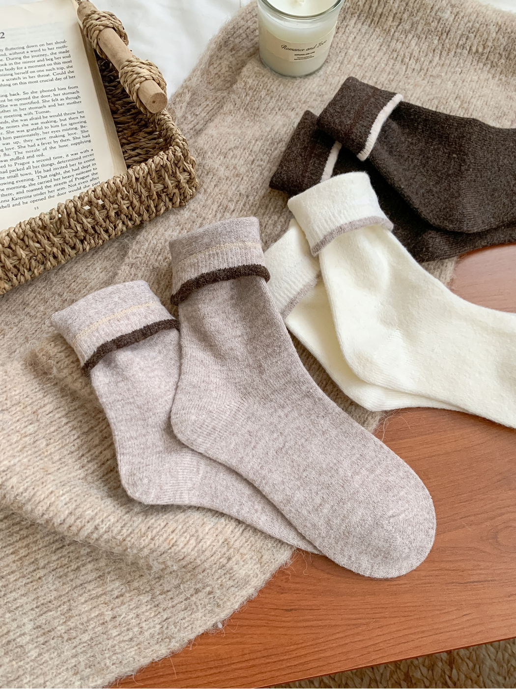 Turned cuffs showing the contrasting edges and reverse knit surface