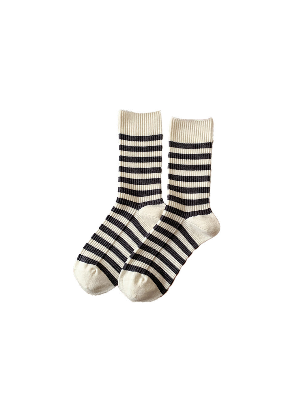 Ivory crew socks with narrow dark stripes on a white background