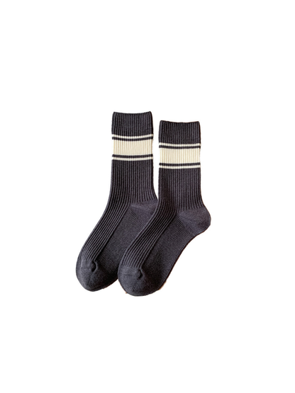 Dark gray ribbed crew socks with a wide ivory cuff band