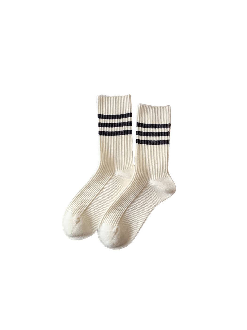Ivory ribbed crew socks with three dark cuff stripes