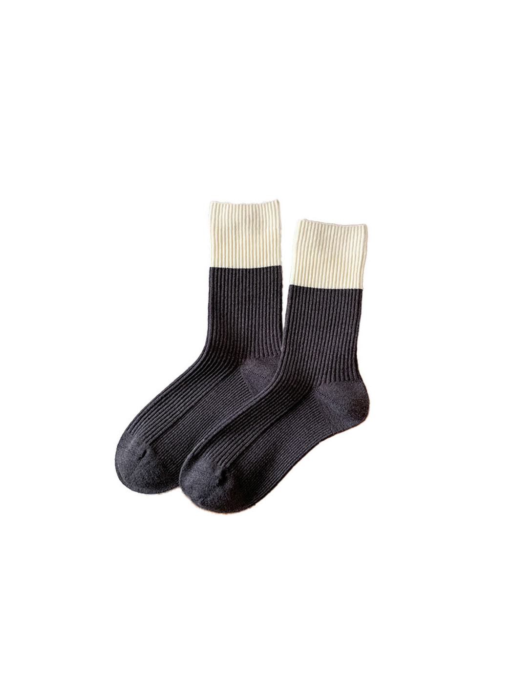 Dark gray ribbed crew socks with ivory color-block cuffs
