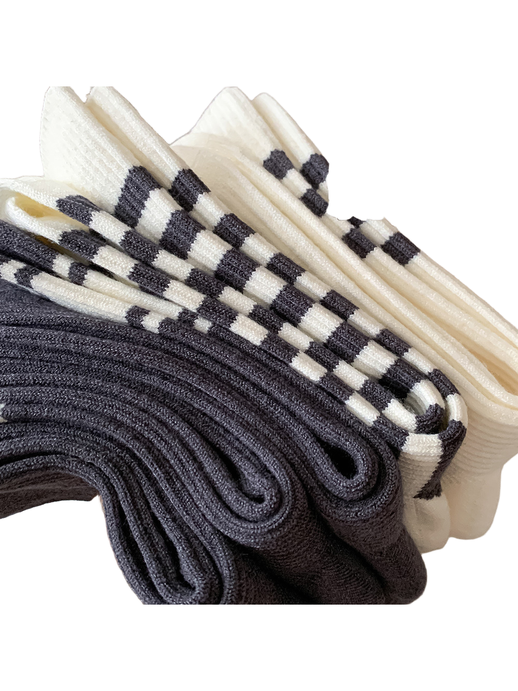 Close-up of folded dark gray and ivory ribbed socks with striped details