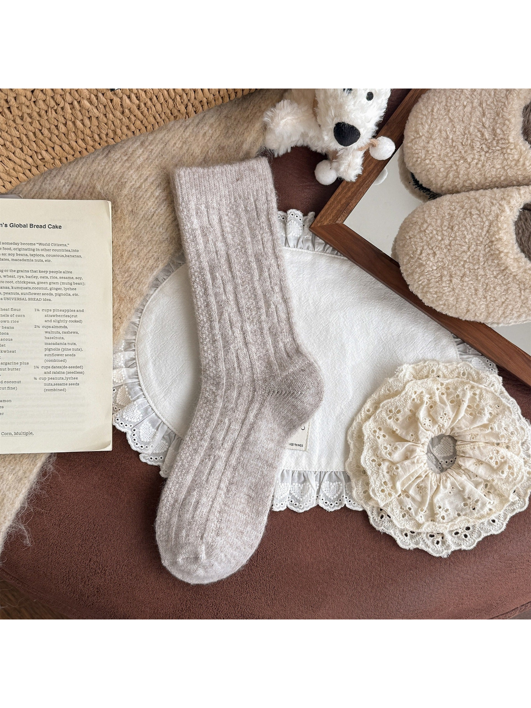 Light coffee patterned crew sock with ribbed cuff, full view