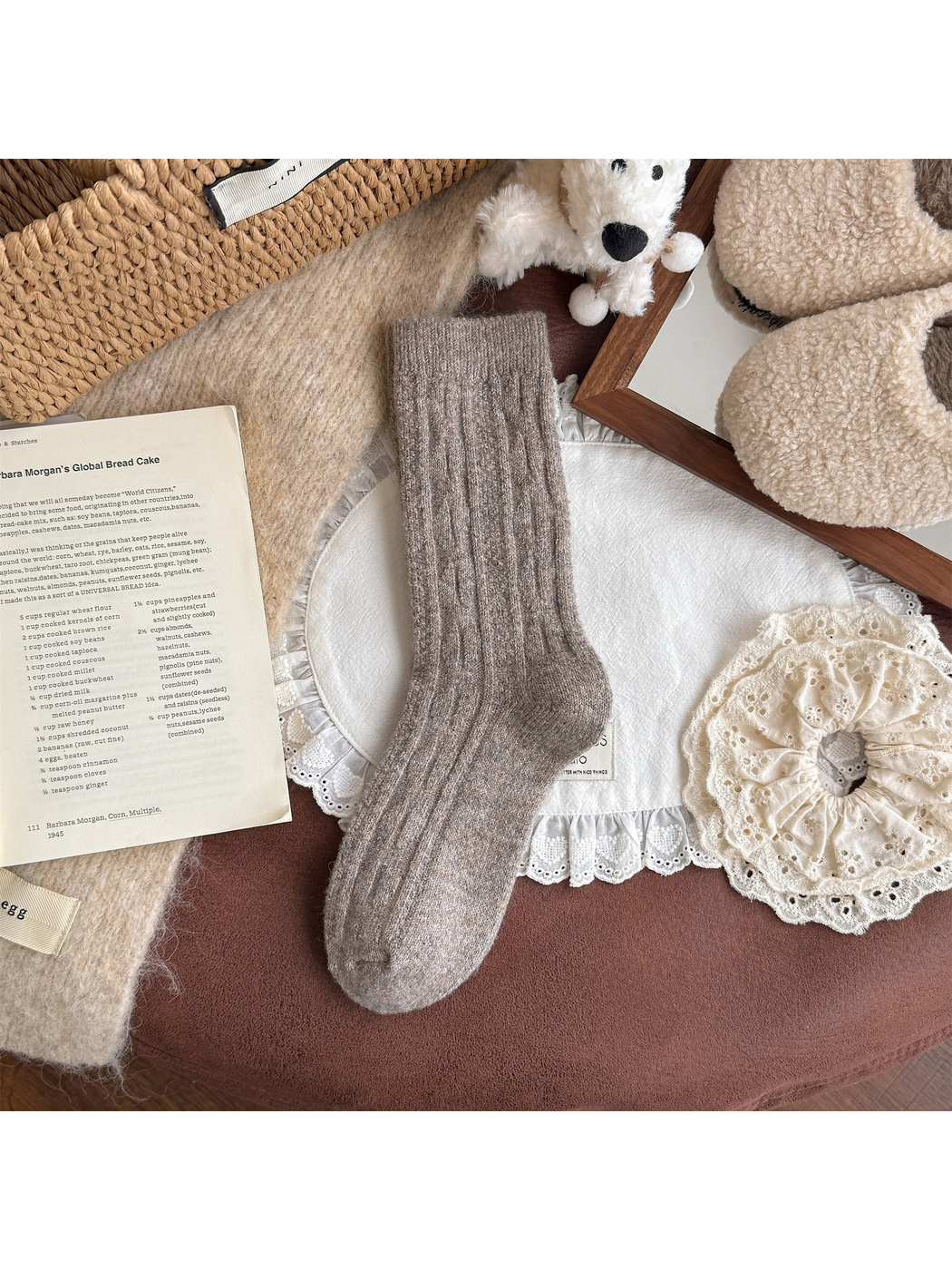 Coffee patterned crew sock with ribbed cuff, full view