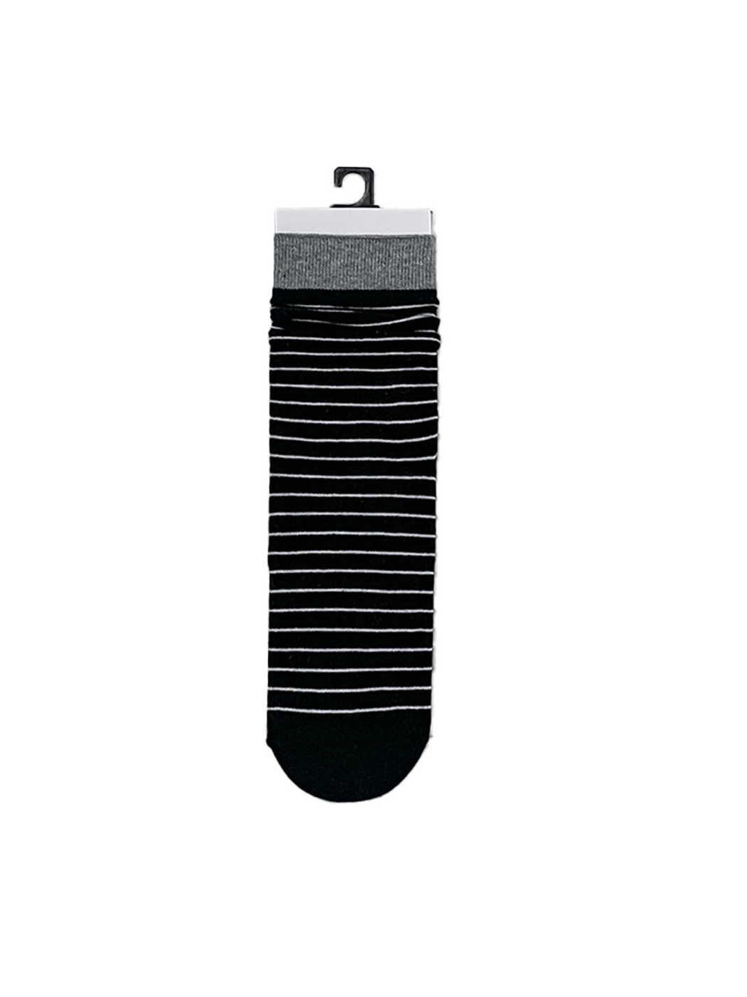 Black crew sock with fine white stripes and a gray cuff