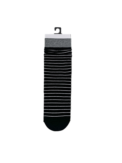 Black crew sock with fine white stripes and a gray cuff