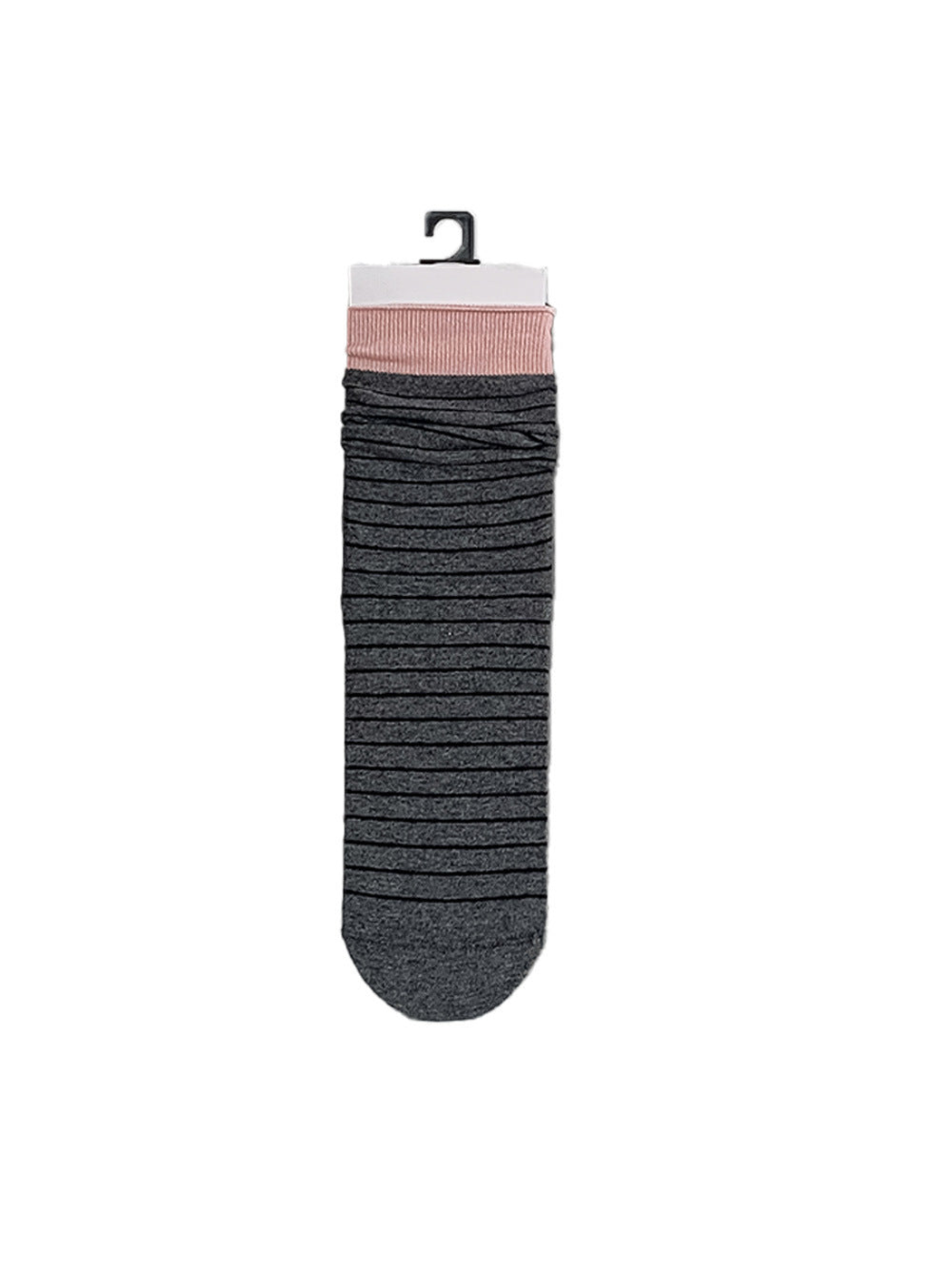 Dark gray crew sock with fine black stripes and a pink cuff
