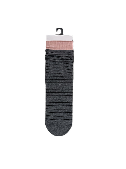 Dark gray crew sock with fine black stripes and a pink cuff