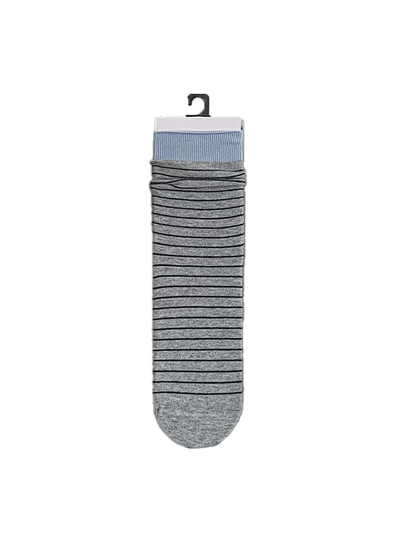 Light gray crew sock with fine navy stripes and a blue cuff
