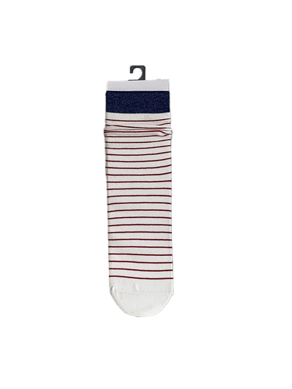 White crew sock with fine red stripes and a navy cuff