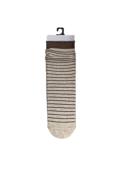 Khaki crew sock with fine brown stripes and a brown cuff
