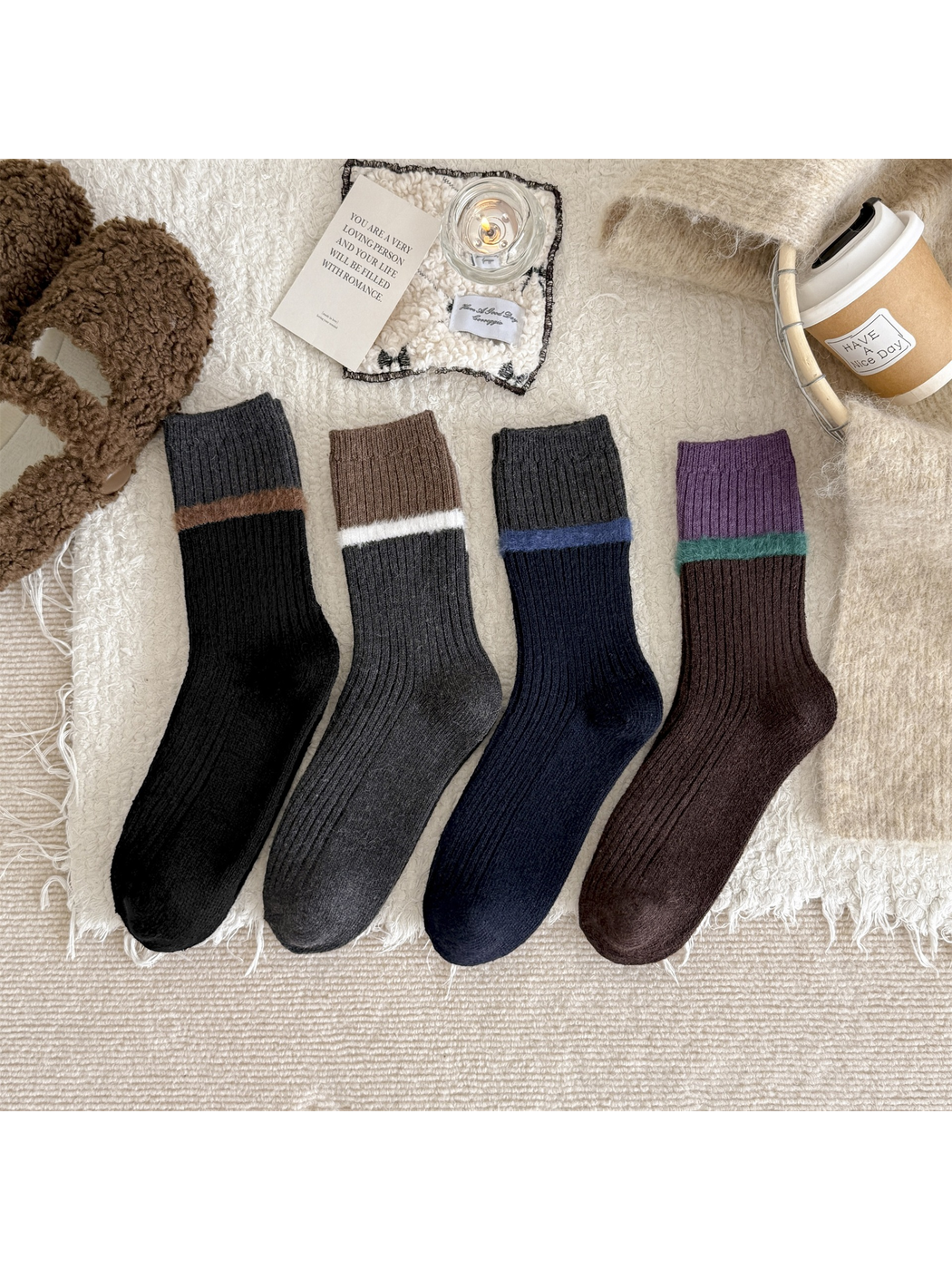 Four color-blocked ribbed crew sock styles arranged together