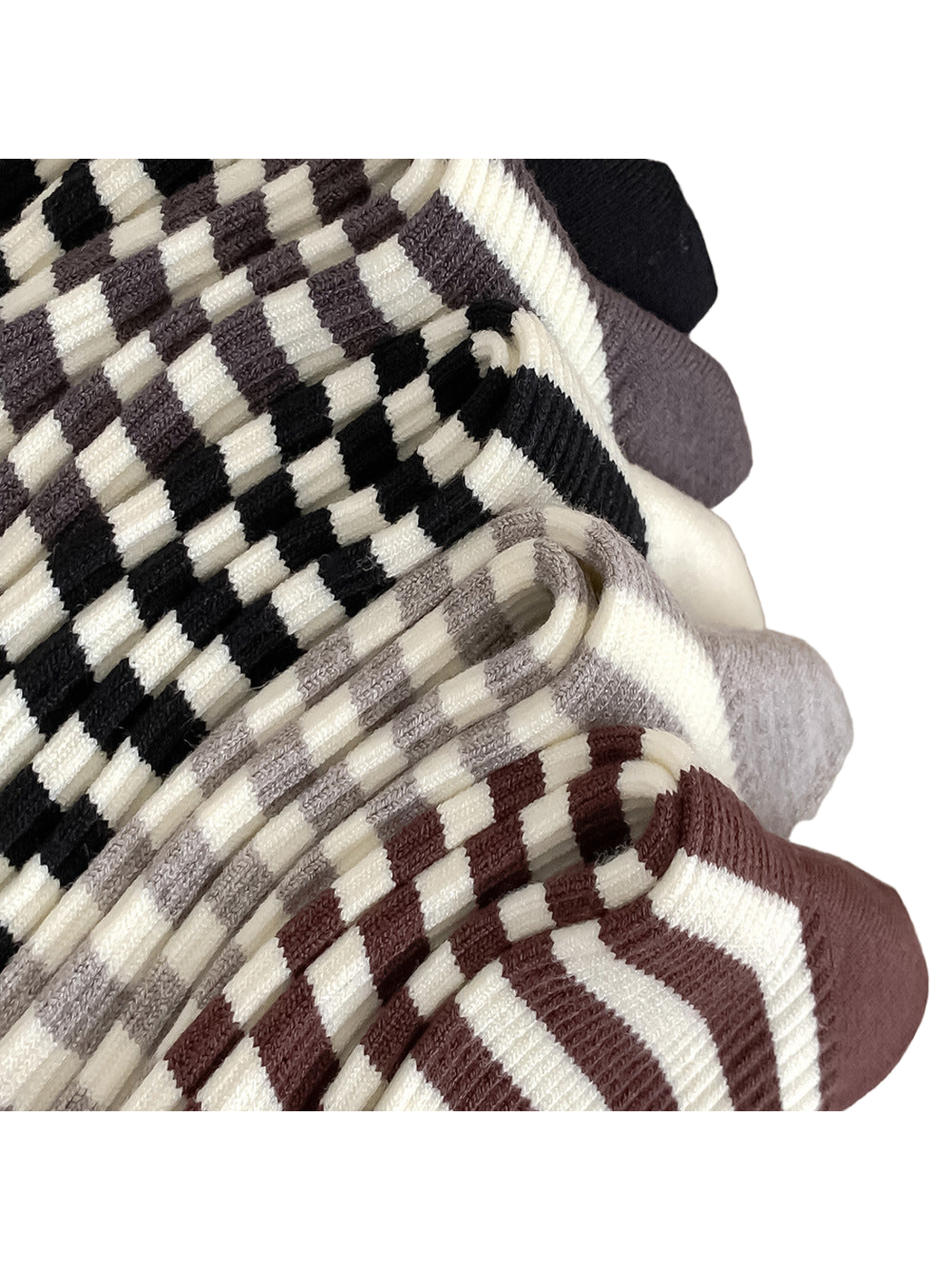 Close-up of striped crew socks in multiple colors showing the ribbed texture