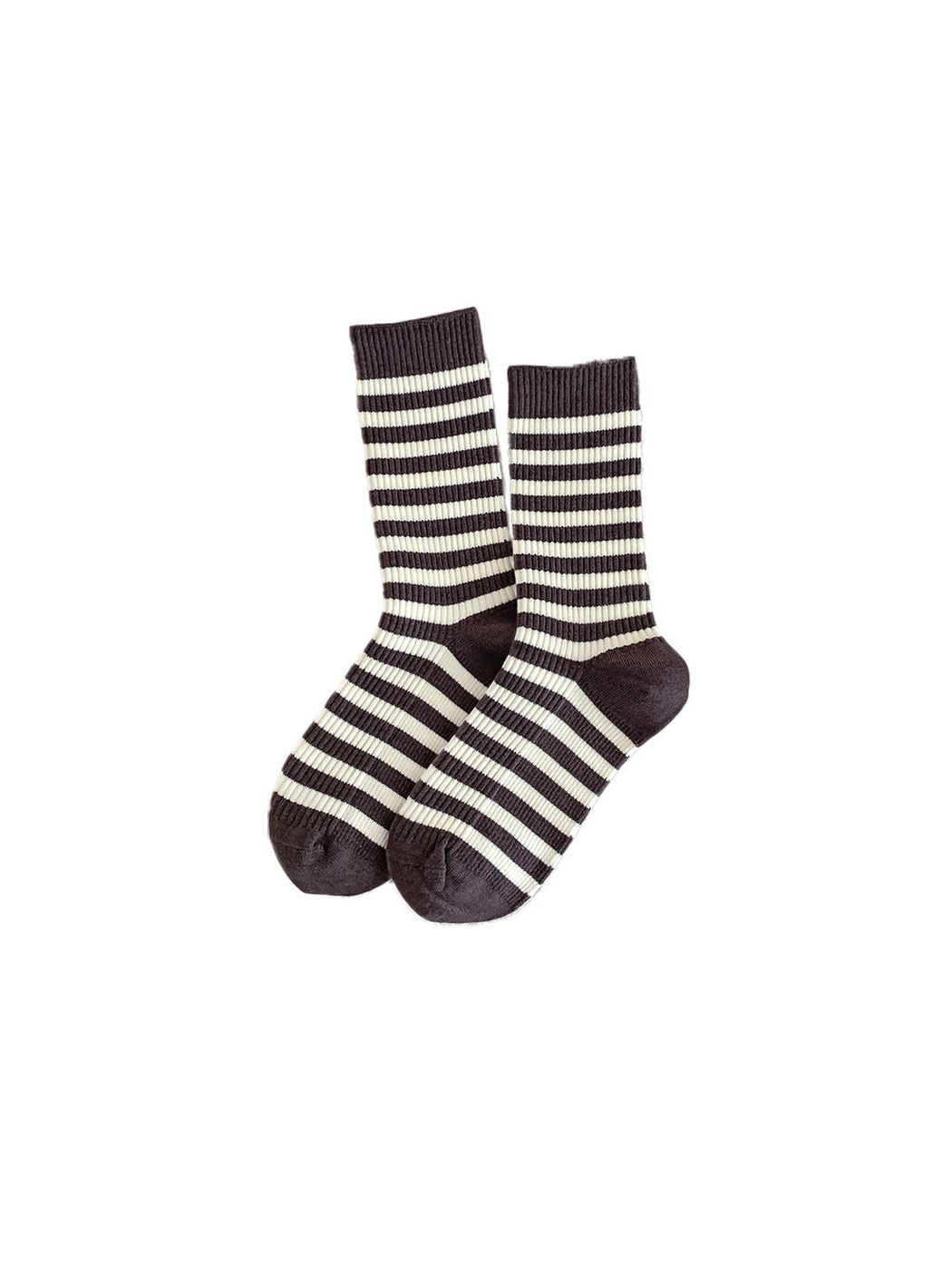 Dark gray and ivory striped crew socks on a white background