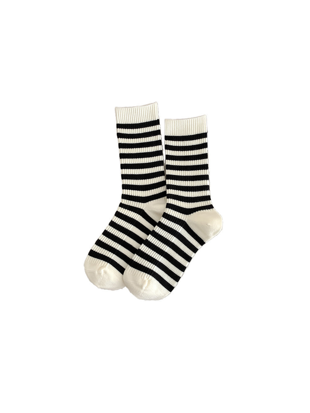 Ivory crew socks with black horizontal stripes on a white background