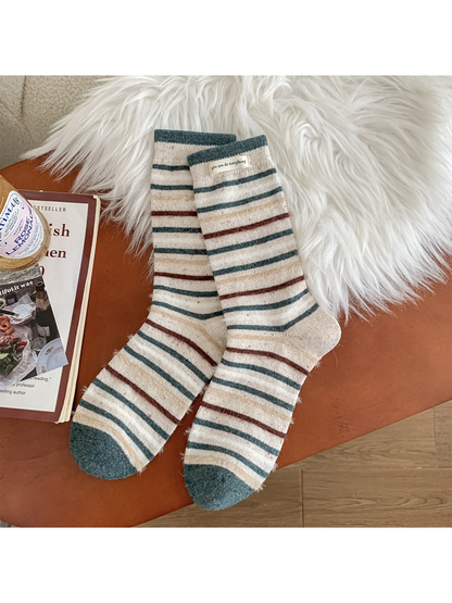 Cream crew socks with green and brown stripes