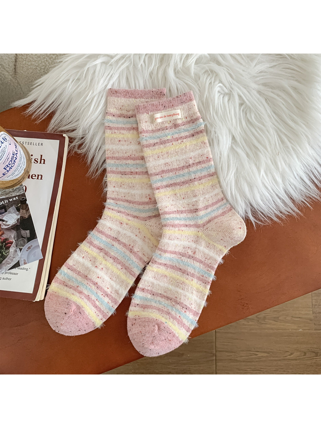 Blush pink crew socks with pastel stripes