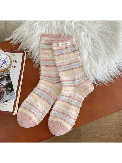 Blush pink crew socks with pastel stripes