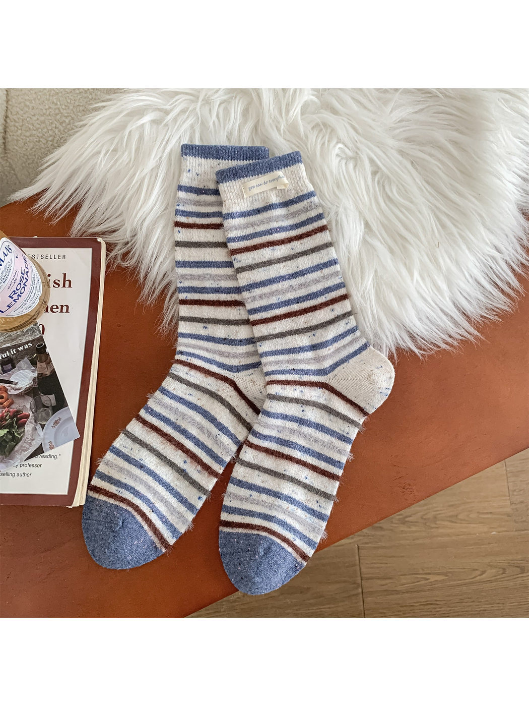 Cream crew socks with blue, gray and brown stripes