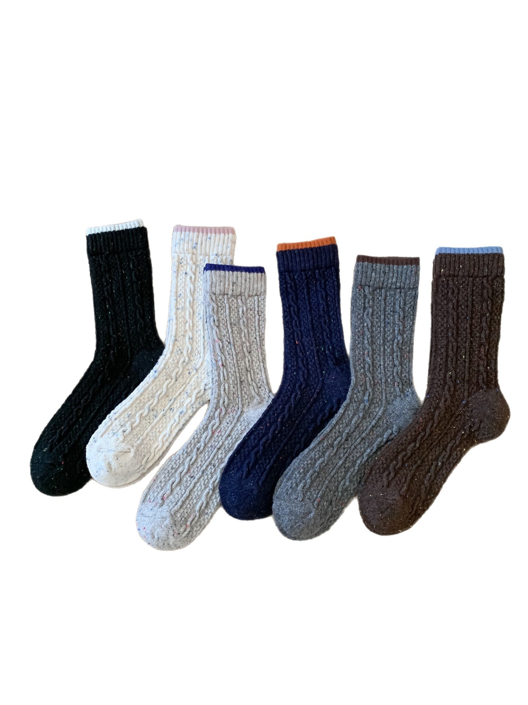 Six colors of cable-textured crew socks with contrasting cuff edges