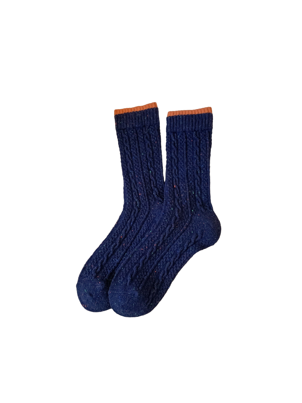 Navy cable-textured crew socks with an orange cuff edge