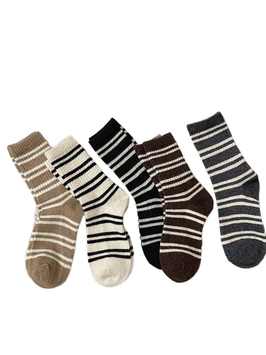 Five colors of irregular striped crew socks displayed on a white background