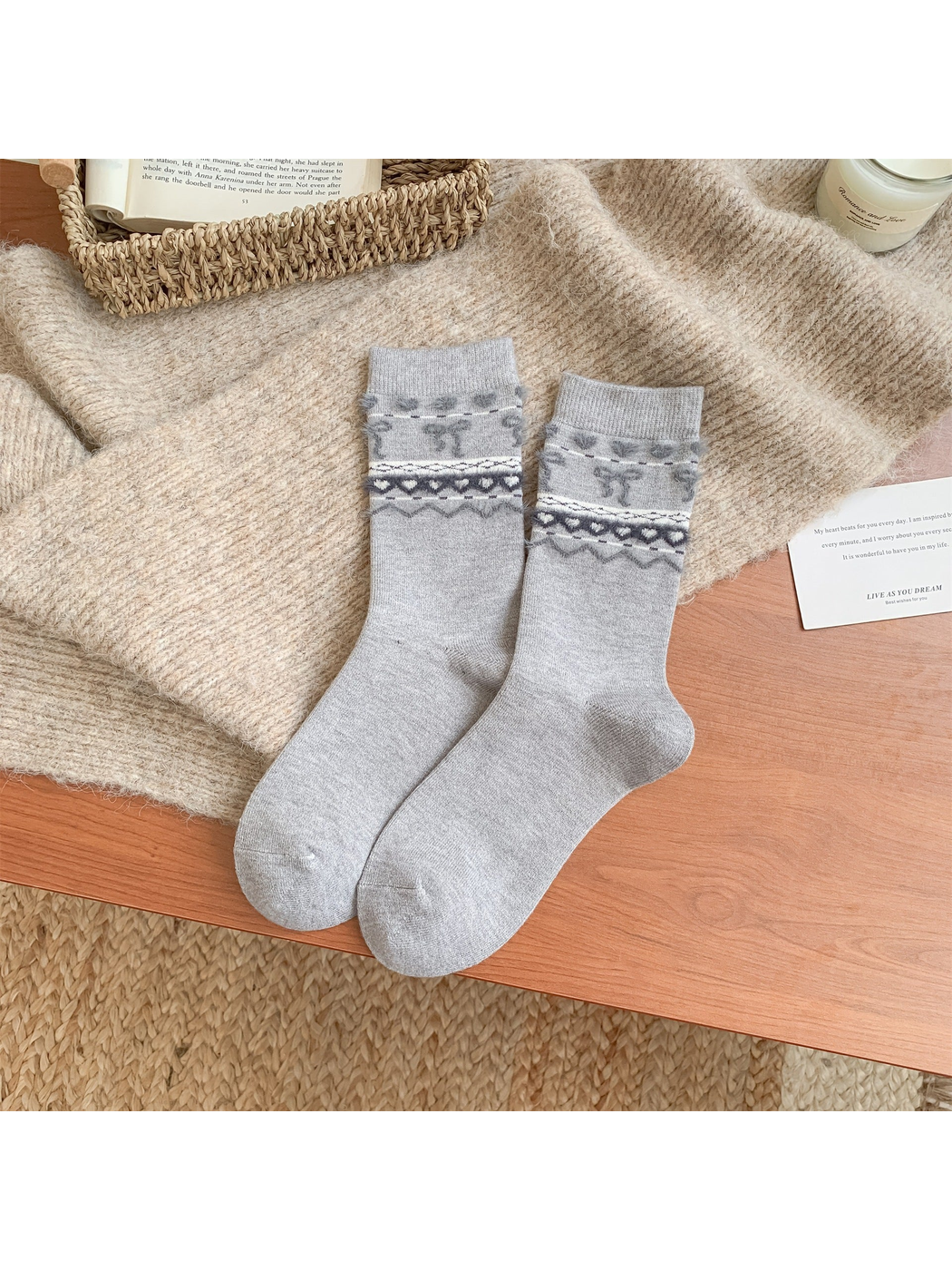 Light gray crew socks with fuzzy bow and heart bands