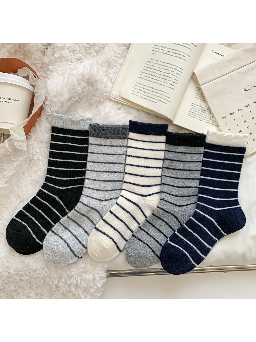 Five striped crew sock colors displayed together