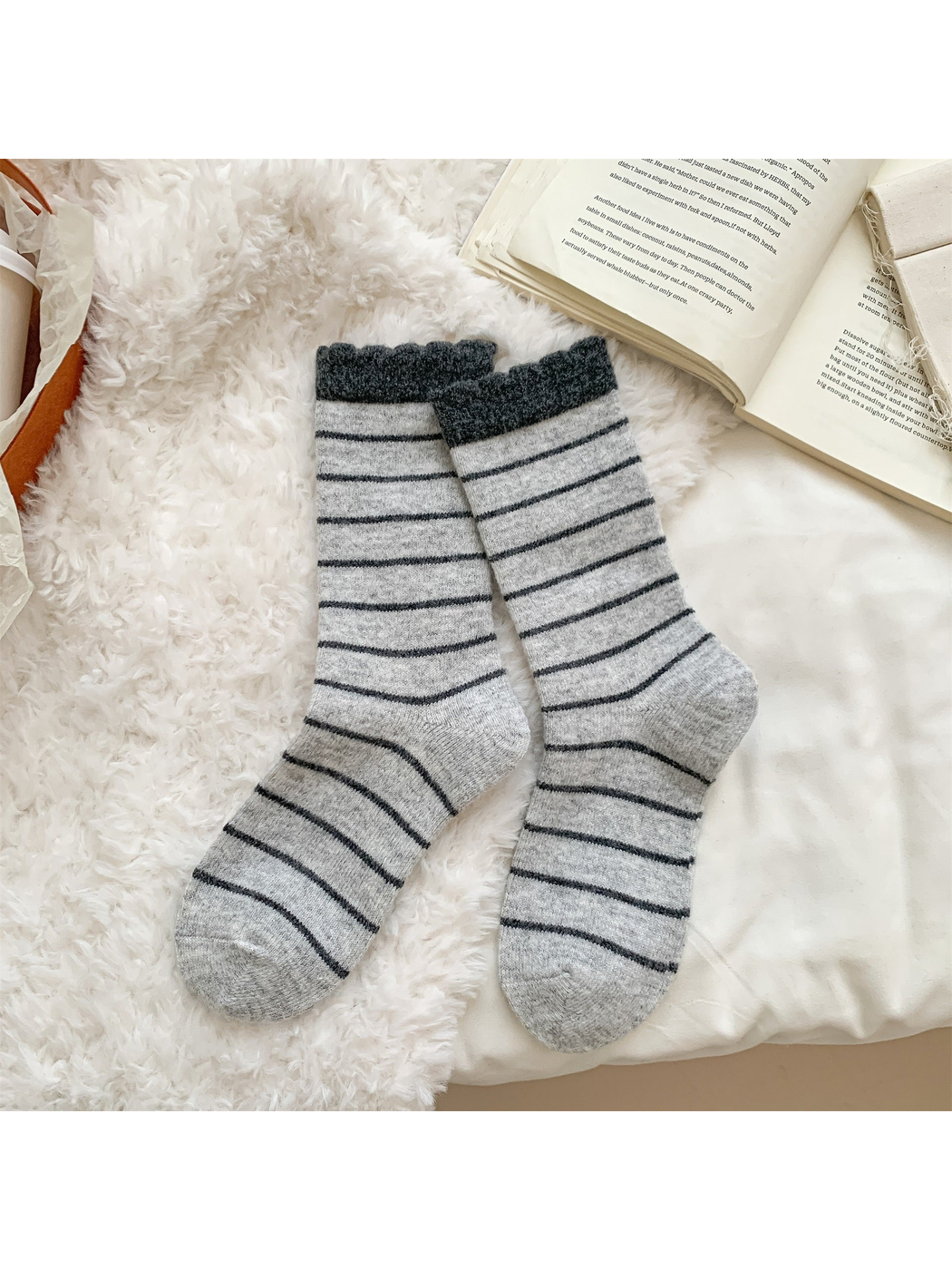 Light gray striped crew socks with dark gray cuffs