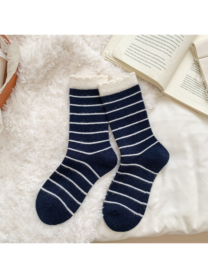 Navy striped crew socks with ivory cuffs