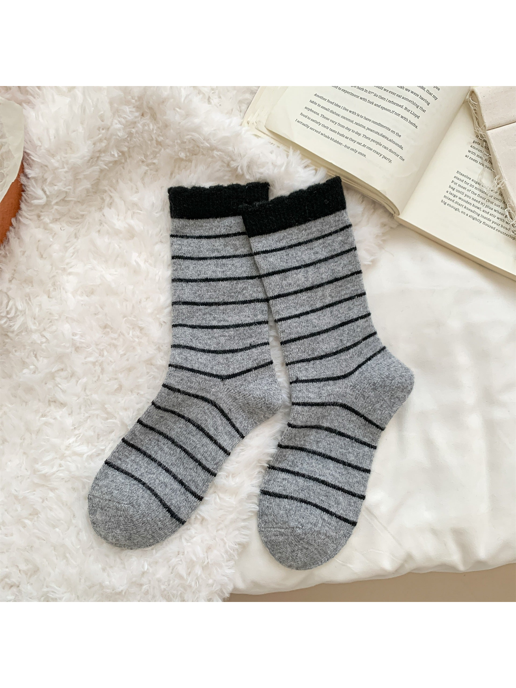 Medium gray striped crew socks with black cuffs