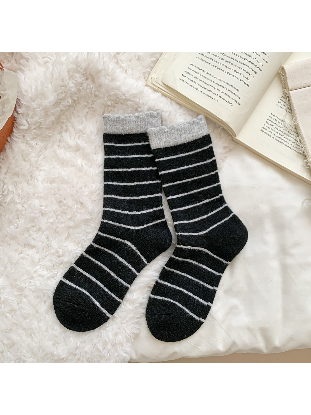 Black striped crew socks with light gray cuffs