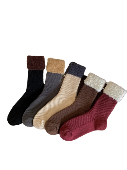 Black, gray, cream, brown and burgundy ribbed crew socks with fuzzy contrast cuffs