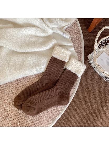 Brown ribbed crew socks with cream fuzzy fold-over cuffs