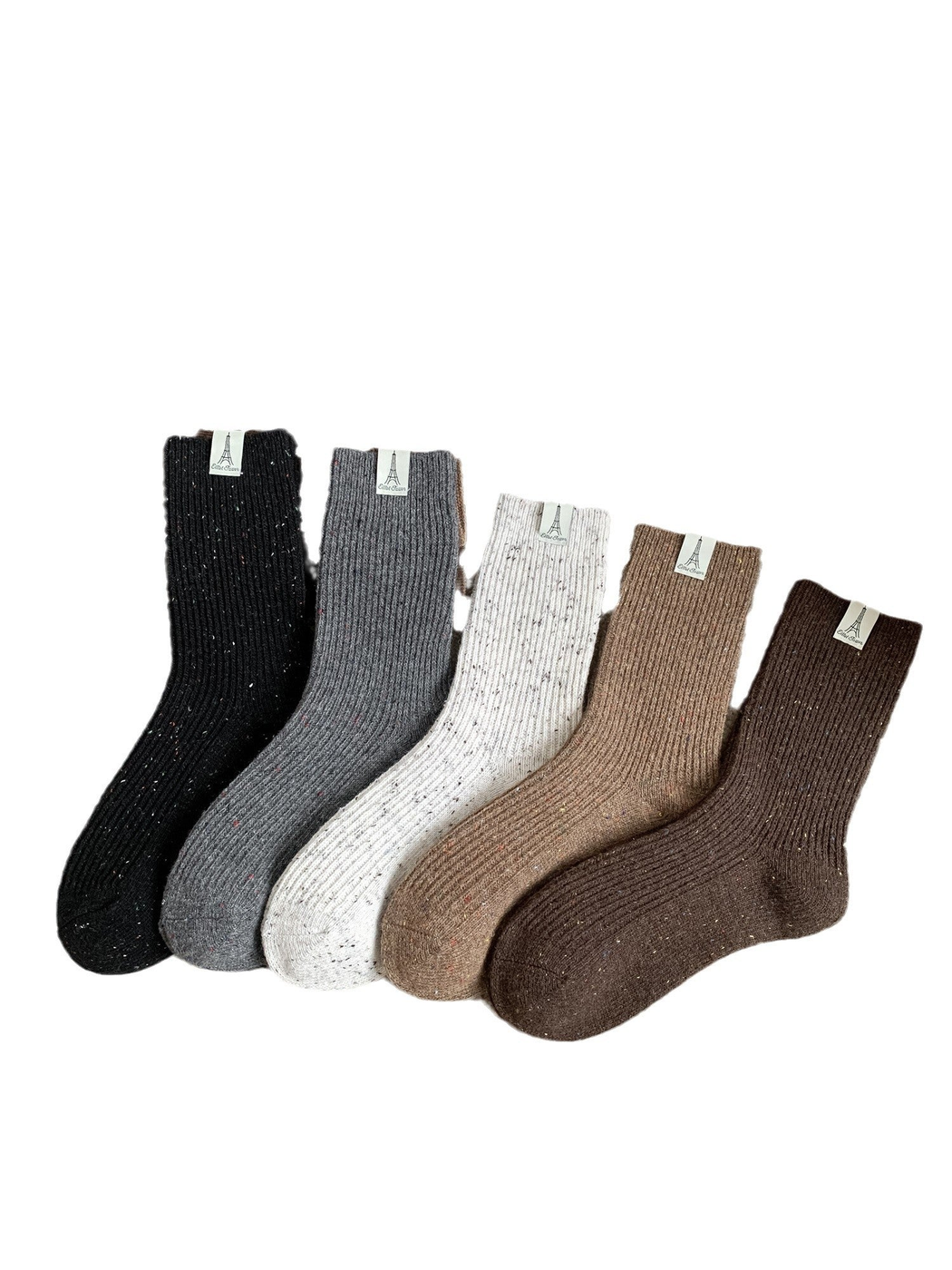 Five pairs of ribbed speckled crew socks in black, dark gray, ivory, camel and dark brown