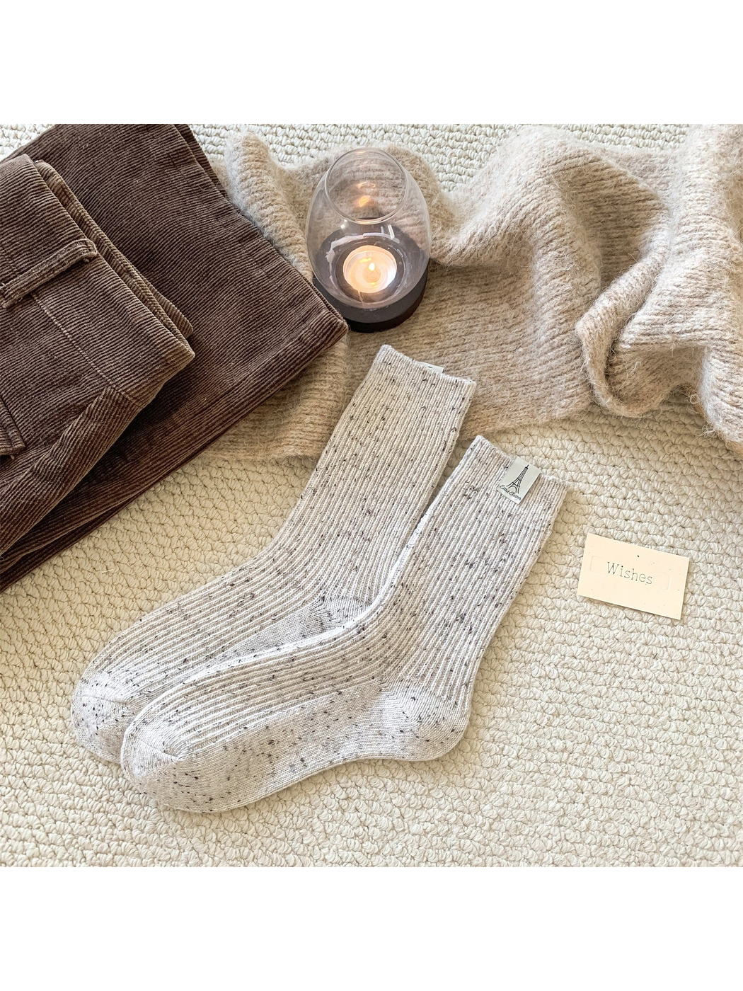 Ivory ribbed crew socks with dark speckles, pair view