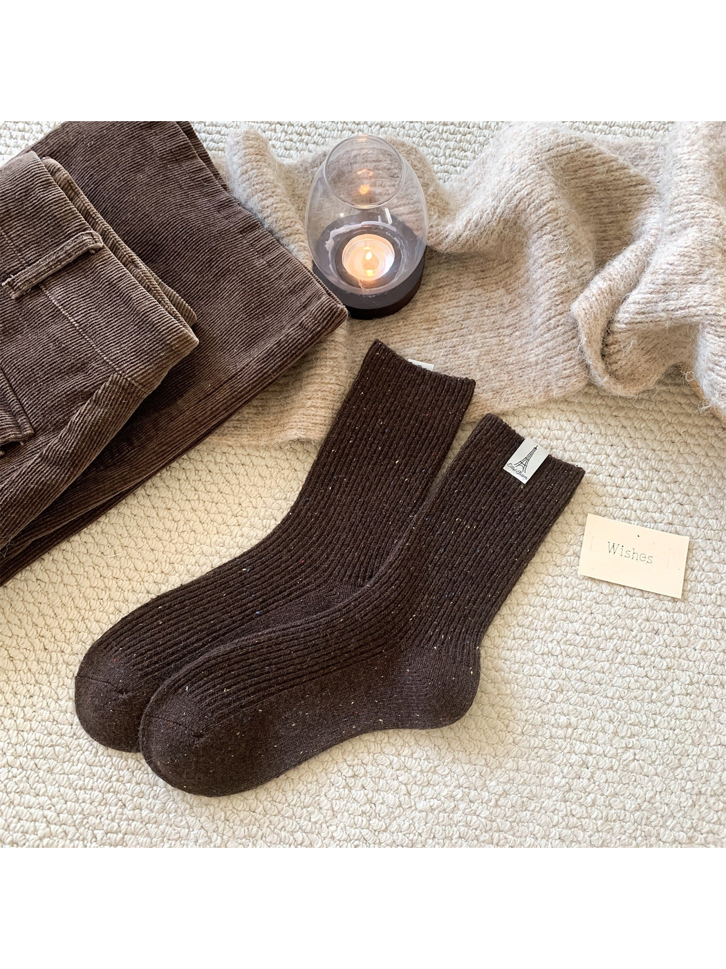 Dark brown ribbed crew socks with multicolor speckles, pair view